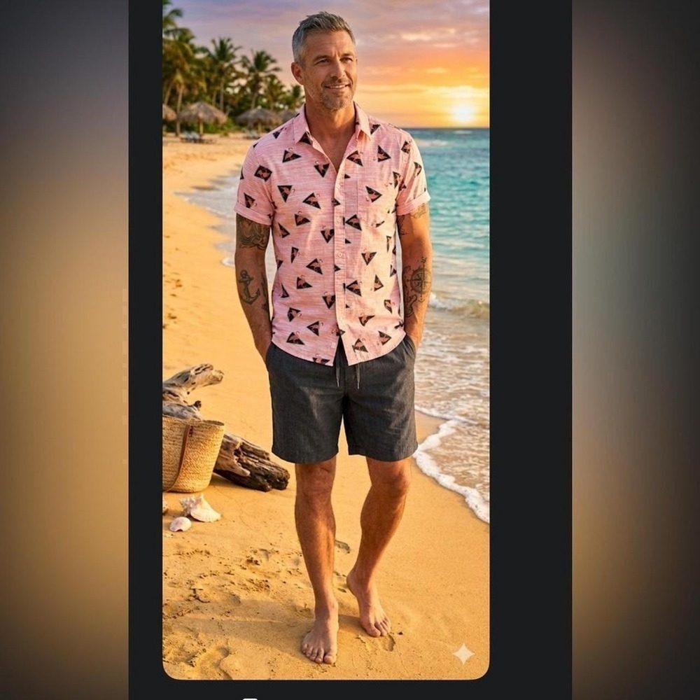 Urban Pipeline Mens Pink Flamingo Triangle Print Short Sleeve Button Shirt L